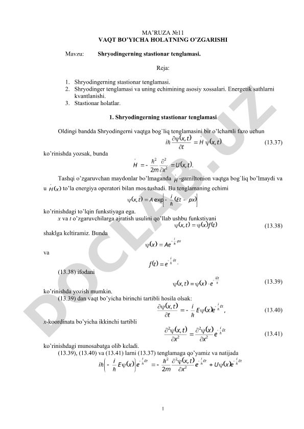 Shryodingerning stastionar tenglamasi
