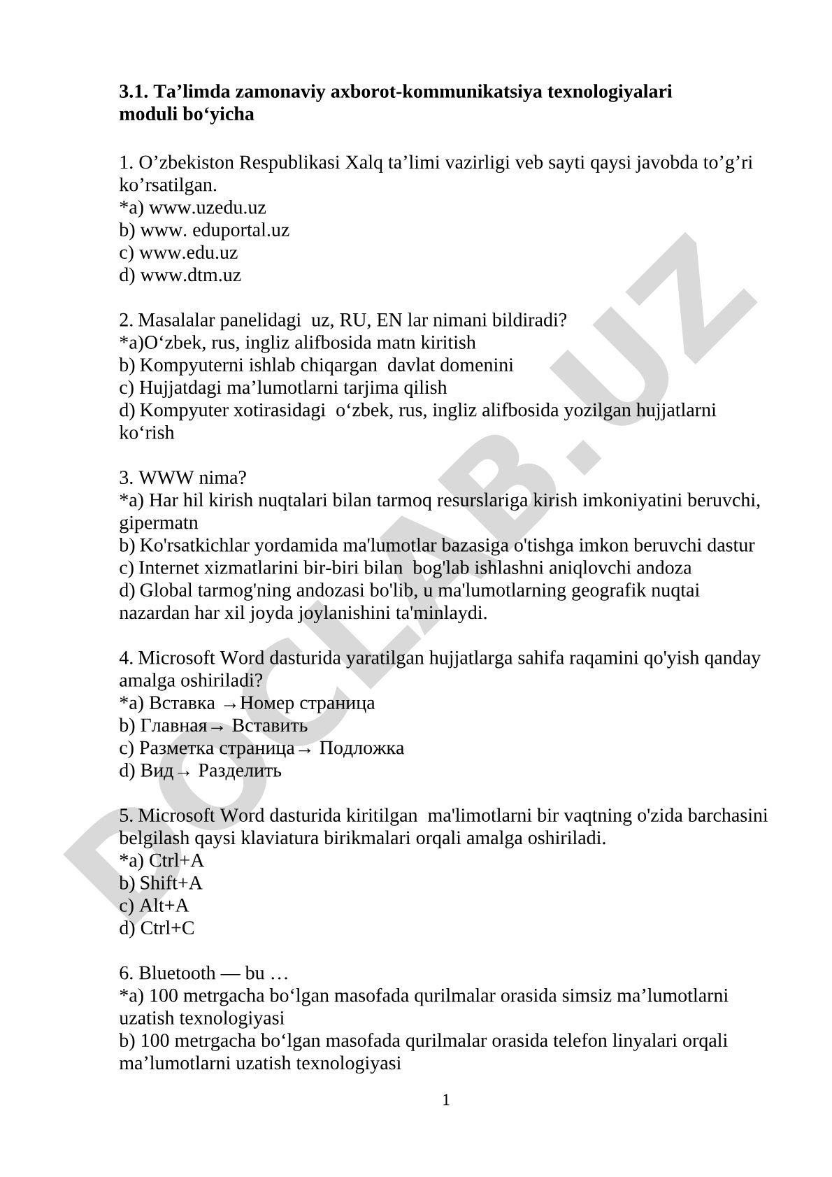 Ta'limda zamonaviy axborot-kommunikatsiya texnologiyalari moduli bo'yicha test savollari