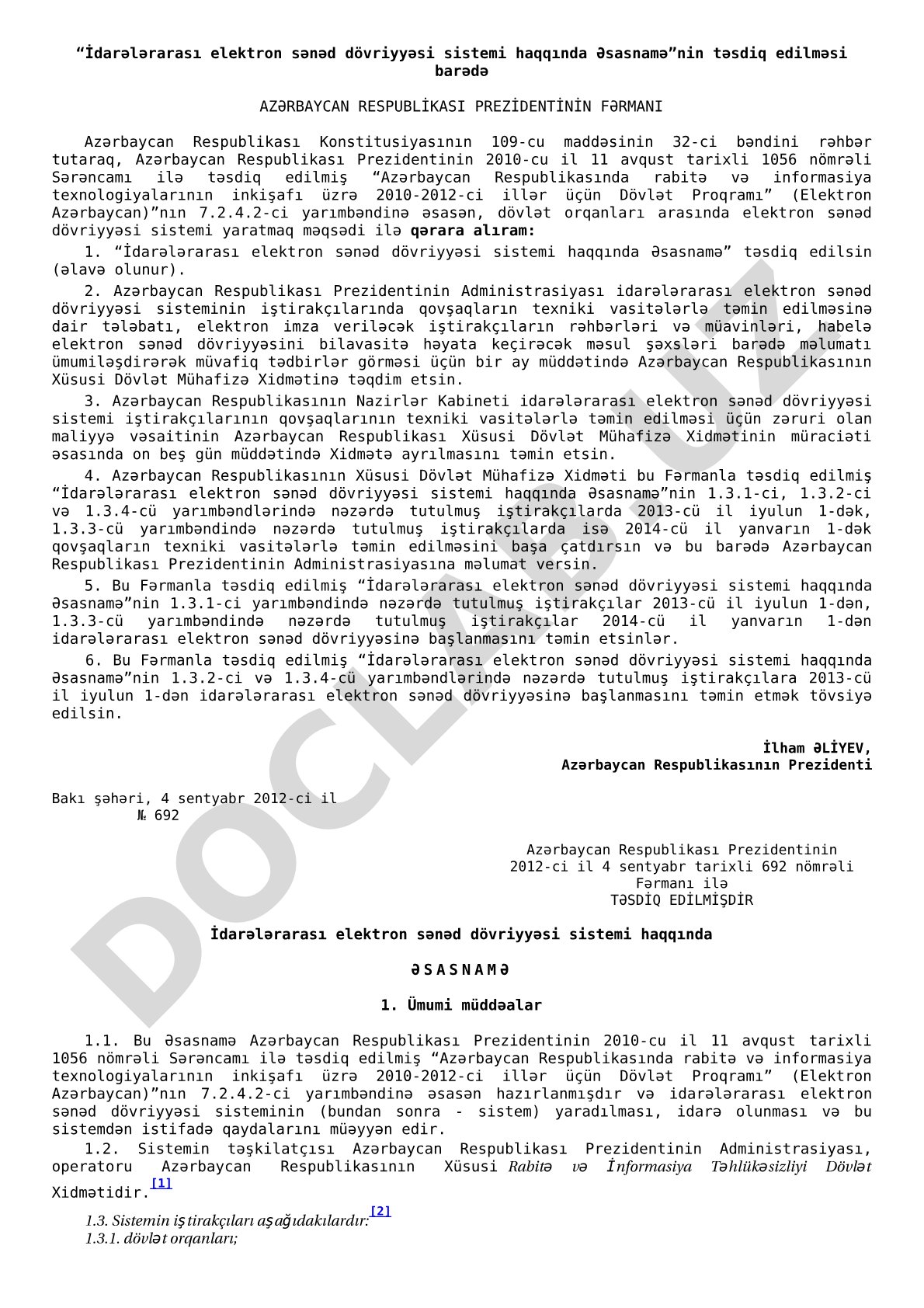 İdarələrarası elektron sənəd dövriyyəsi sistemi haqqında Əsasnamə