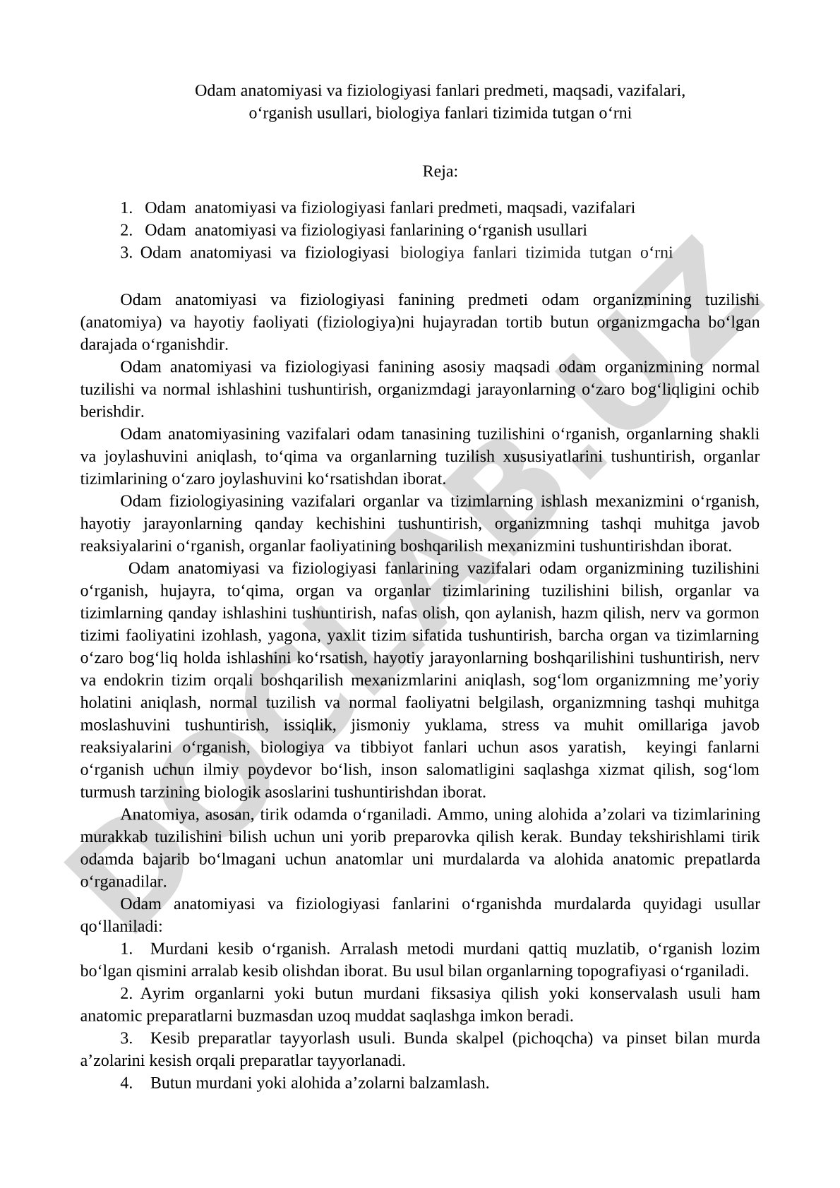 Odam anatomiyasi va fiziologiyasi fanlari predmeti, maqsadi, vazifalari