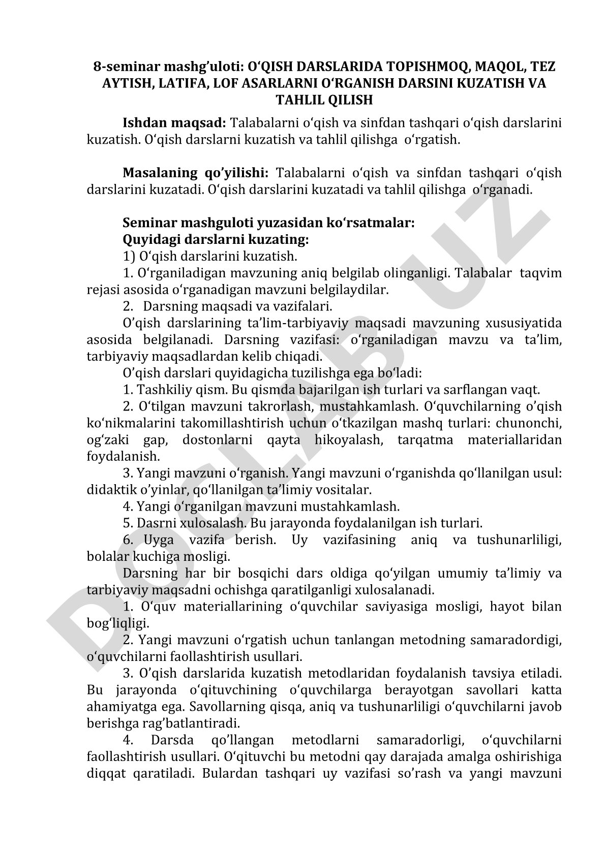 O‘qish darslarida topishmoq, maqol, tez aytish, latifa, lof asarlarni o‘rganish darsini kuzatish va tahlil qilish
