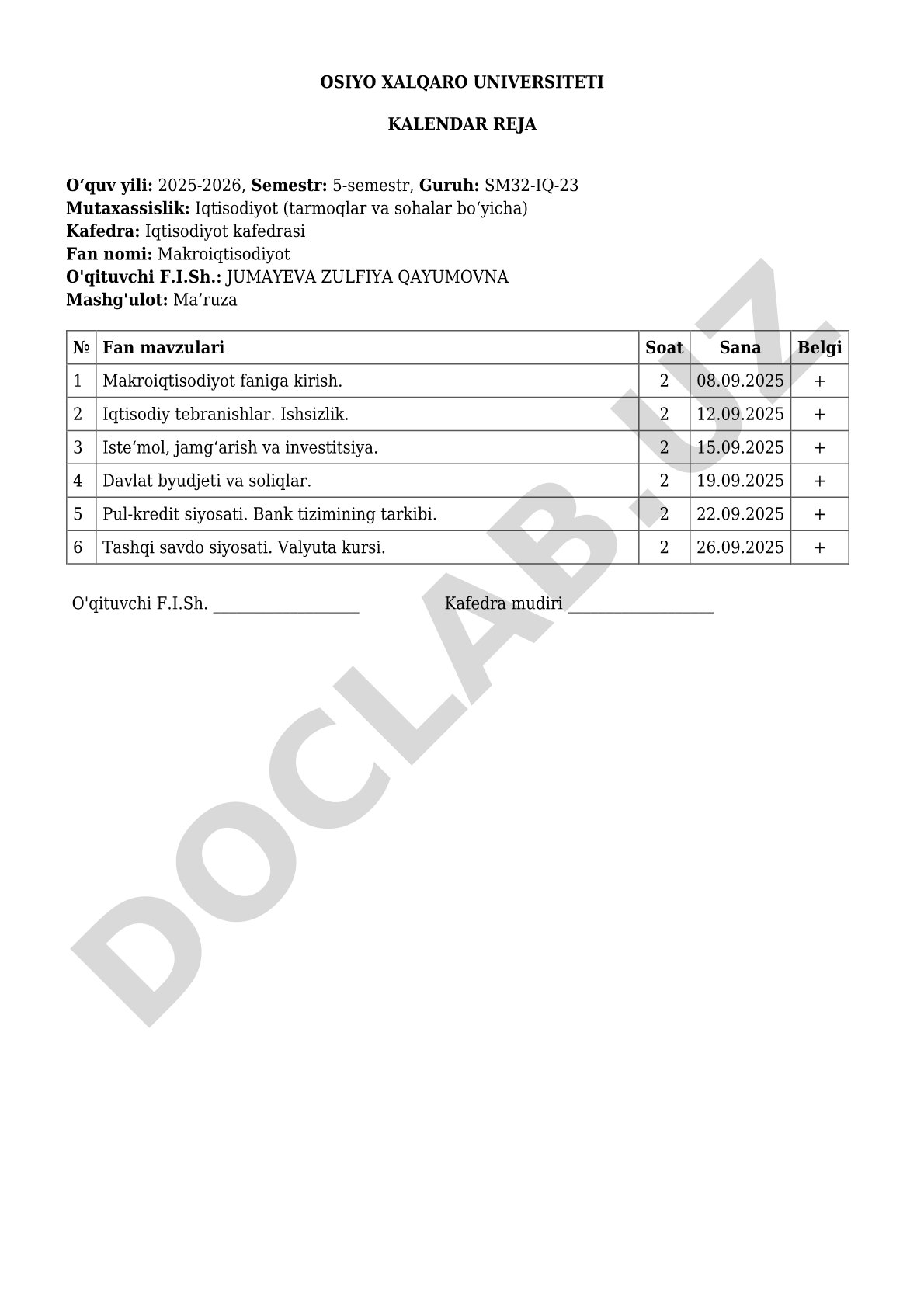 Makroiqtisodiyot fanidan kalendar reja