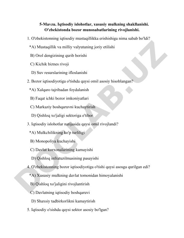 O'zbekistonda iqtisodiy islohotlar va bozor munosabatlari rivojlanishi