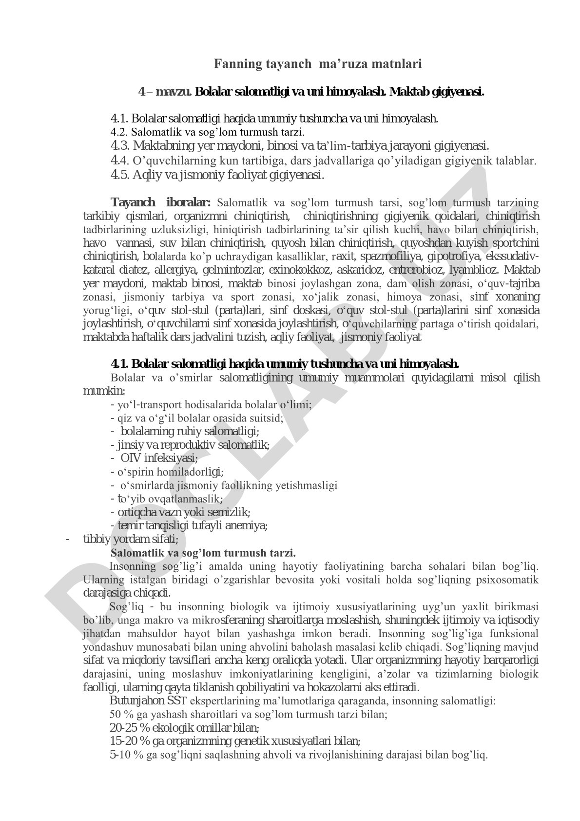Bolalar salomatligi va uni himoyalash. Maktab gigiyenasi