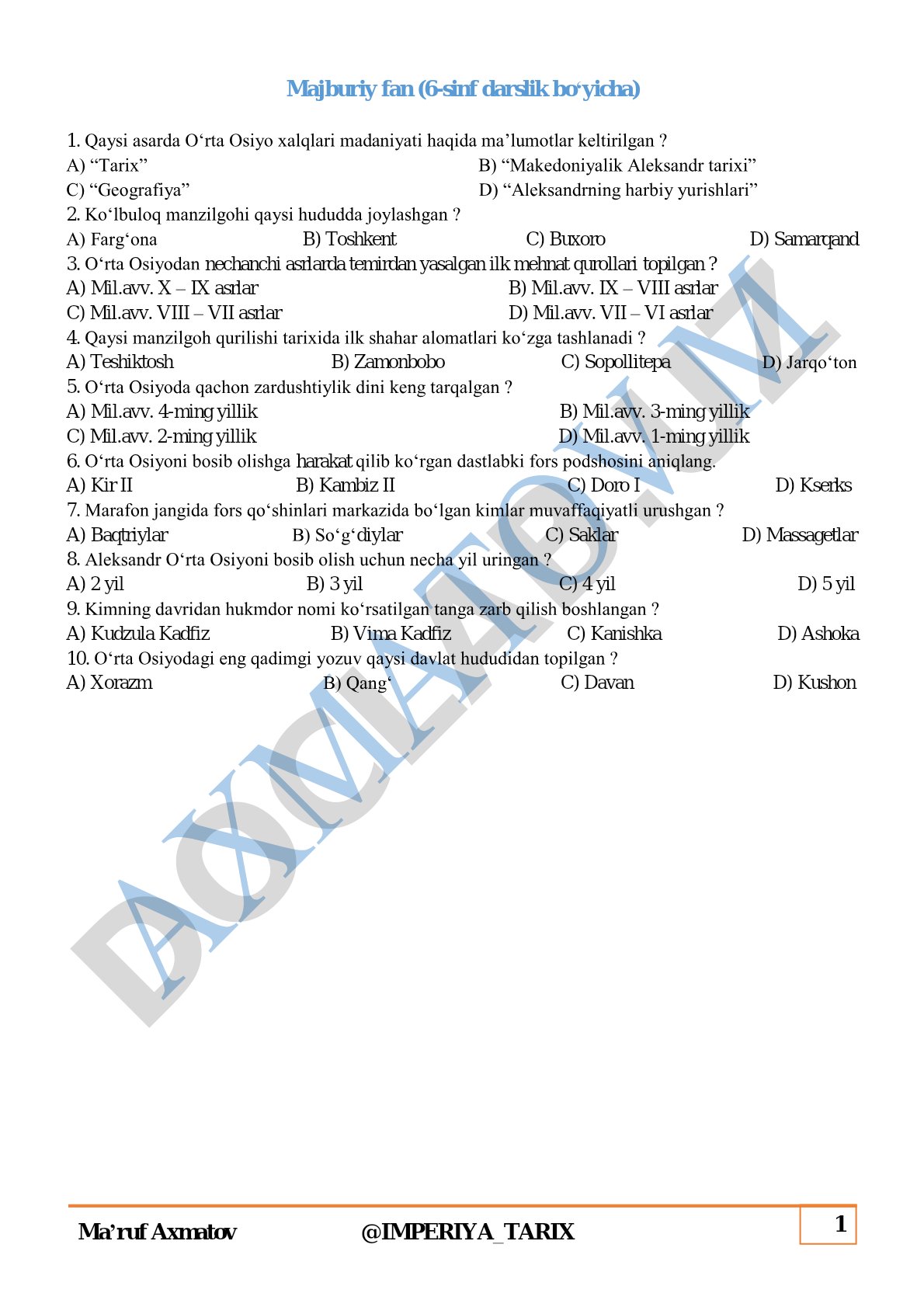 O‘rta Osiyo tarixidan 6-sinf test savollari