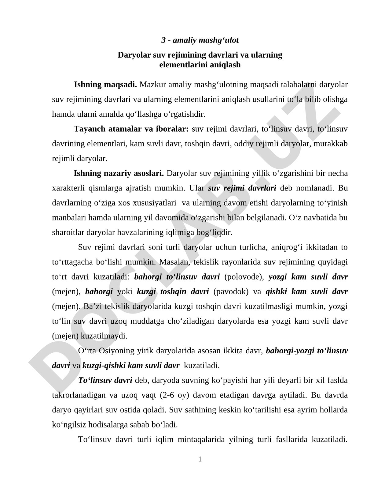 Daryolar suv rejimining davrlari va ularning elementlarini aniqlash
