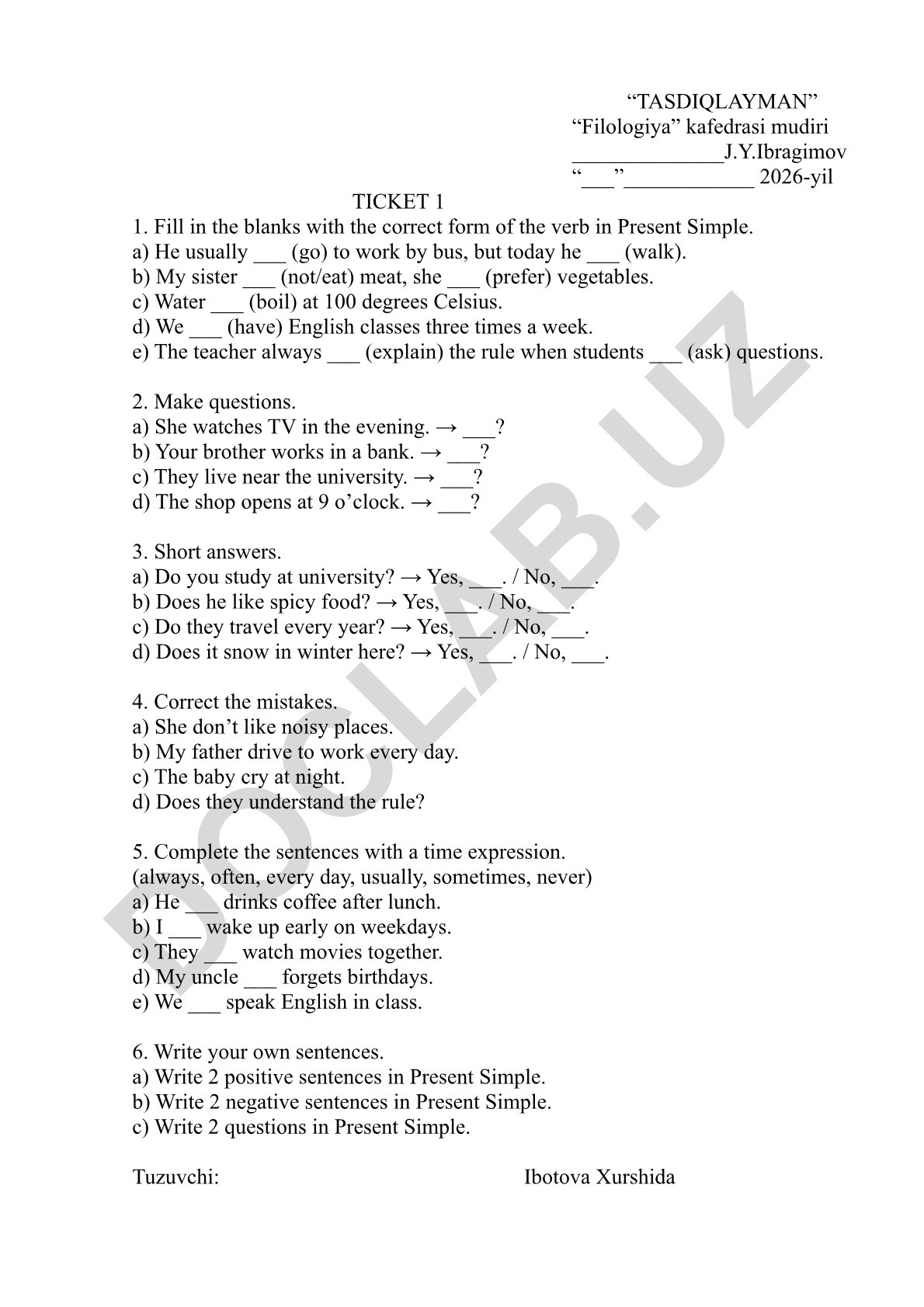 Present Simple mashqlari va grammatik topshiriqlar