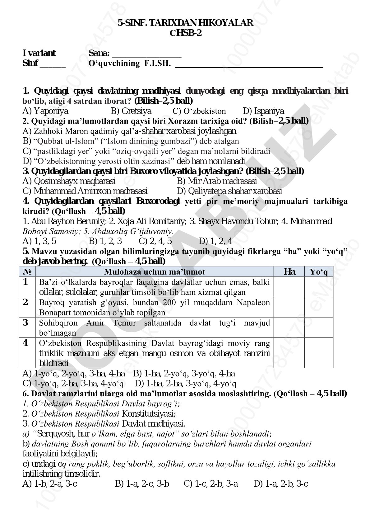 5-sinf Tarixdan hikoyalar CHSB-2 testi