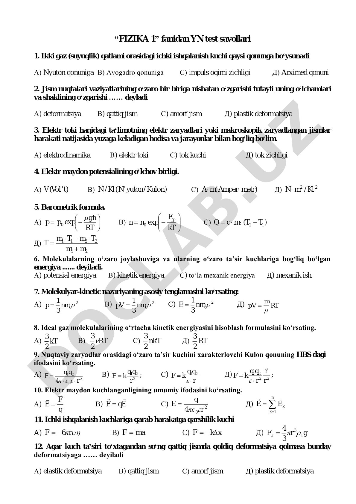 Fizika 1 fanidan YN test savollari