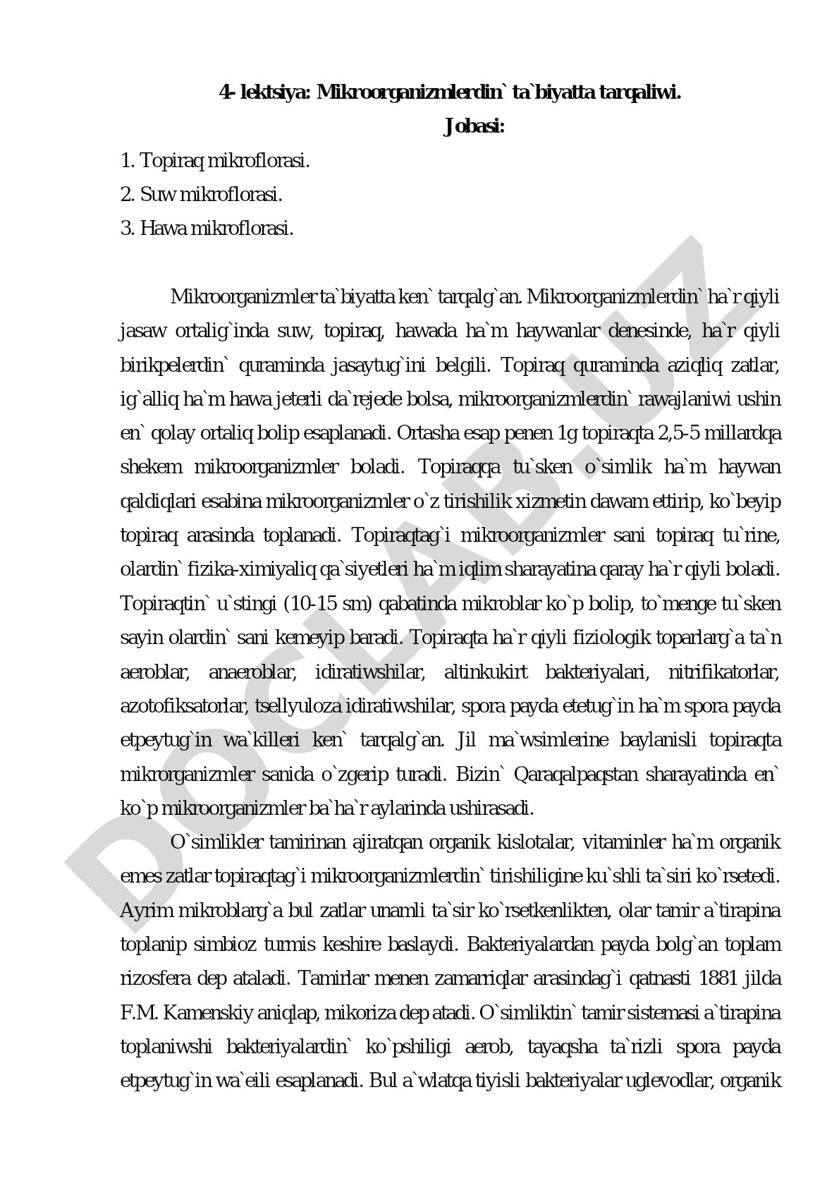 Mikroorganizmlerdin` ta`biyatta tarqaliwi