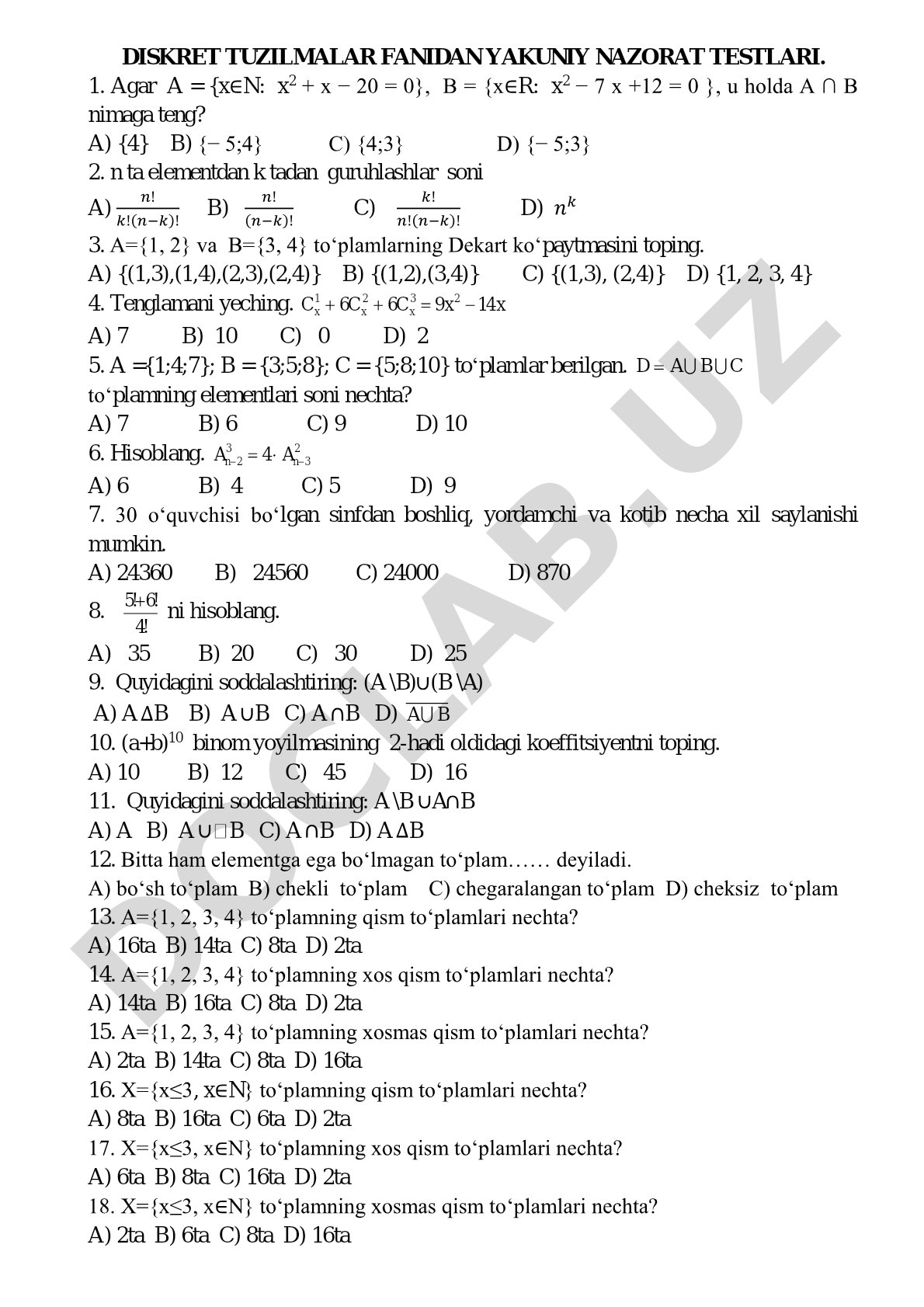 Diskret tuzilmalar fanidan yakuniy nazorat testlari