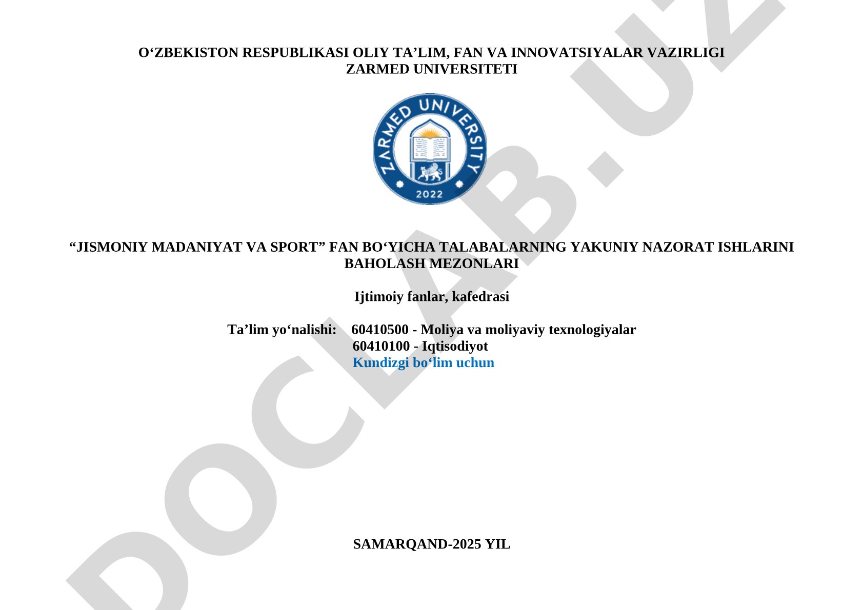 Jismoniy madaniyat va sport fanidan yakuniy nazorat savollari