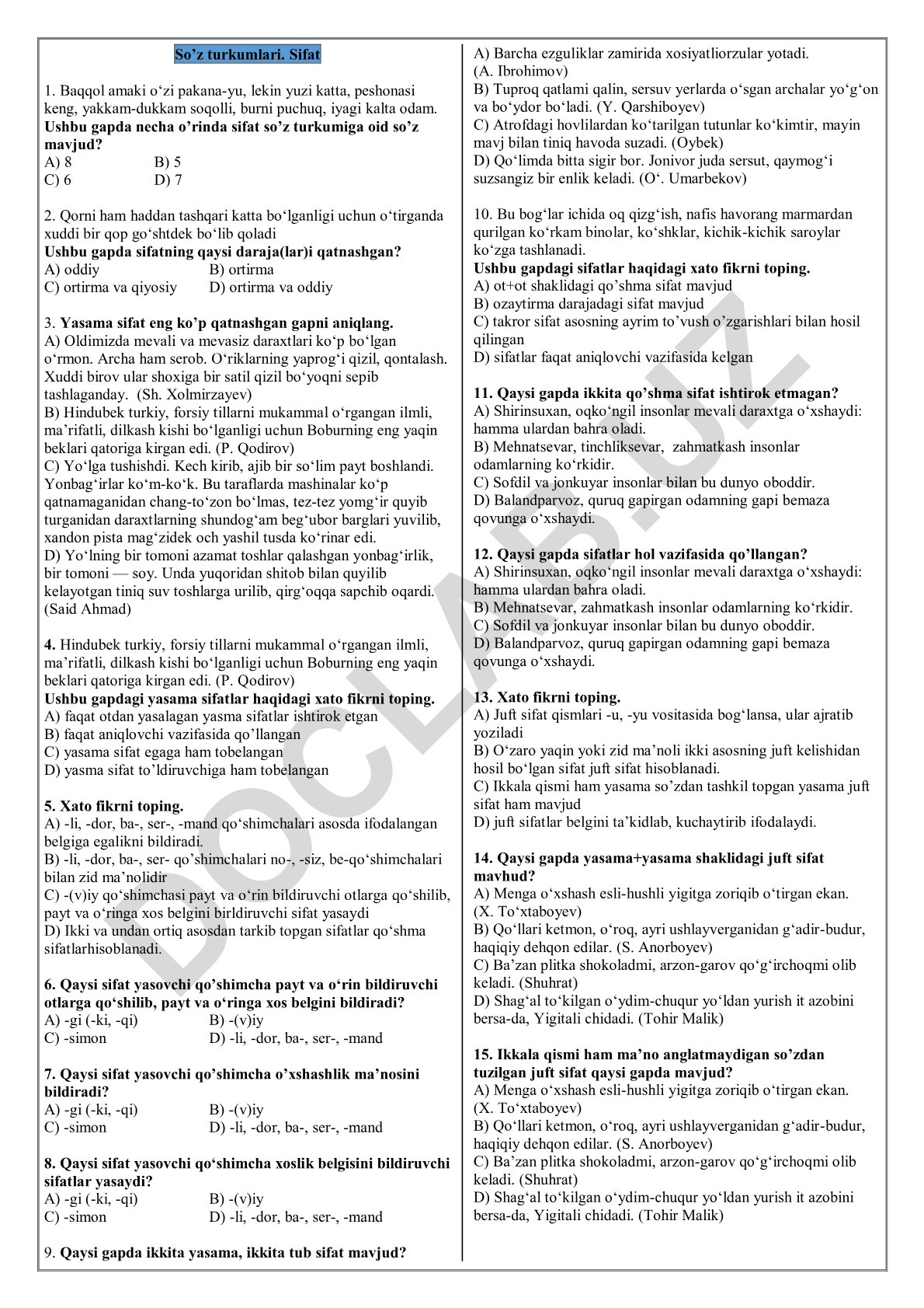 O'zbek tili sifat so'z turkumlari test savollari