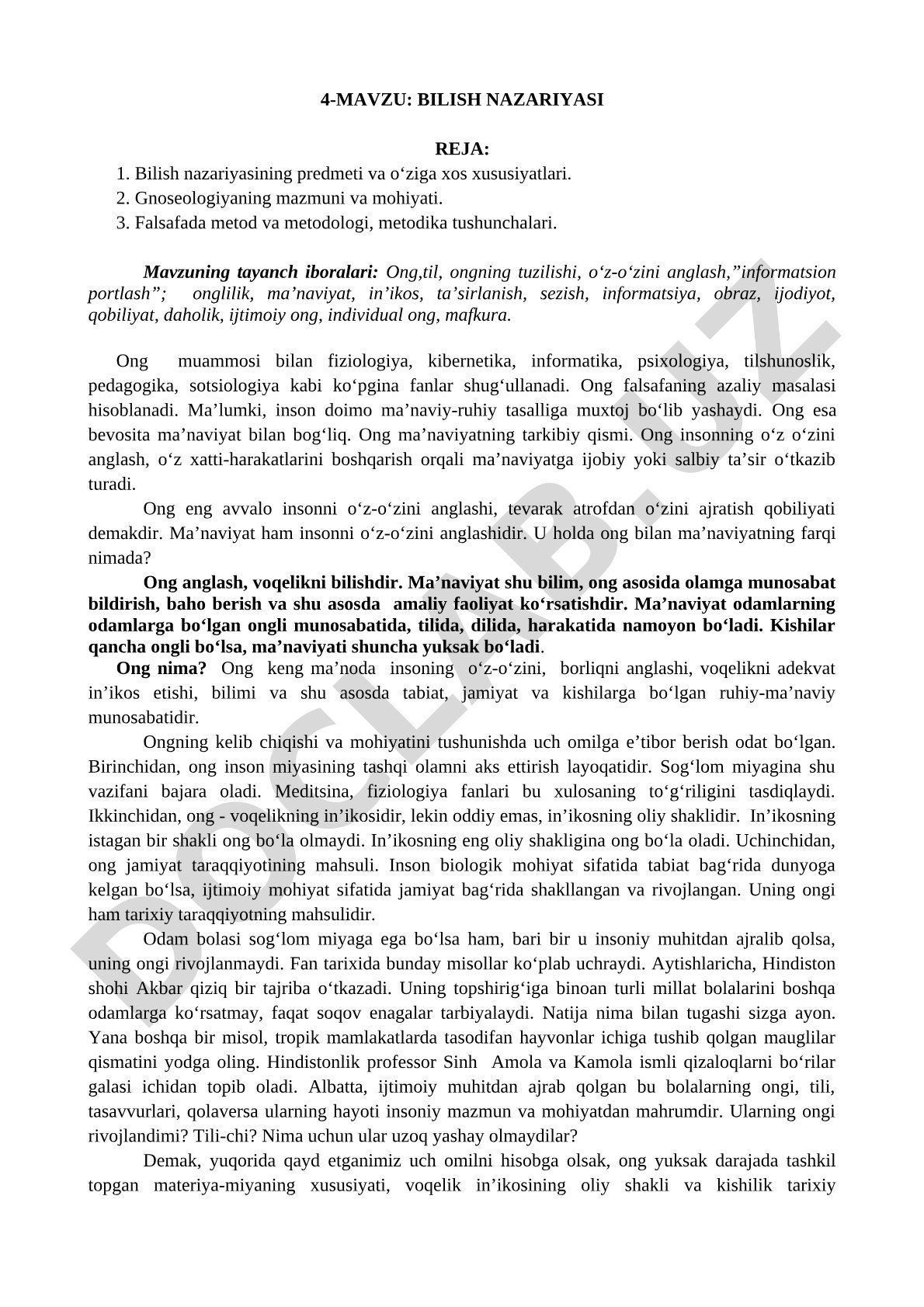 Bilish nazariyasining predmeti, gnoseologiya mazmuni, metod va metodologiya tushunchalari