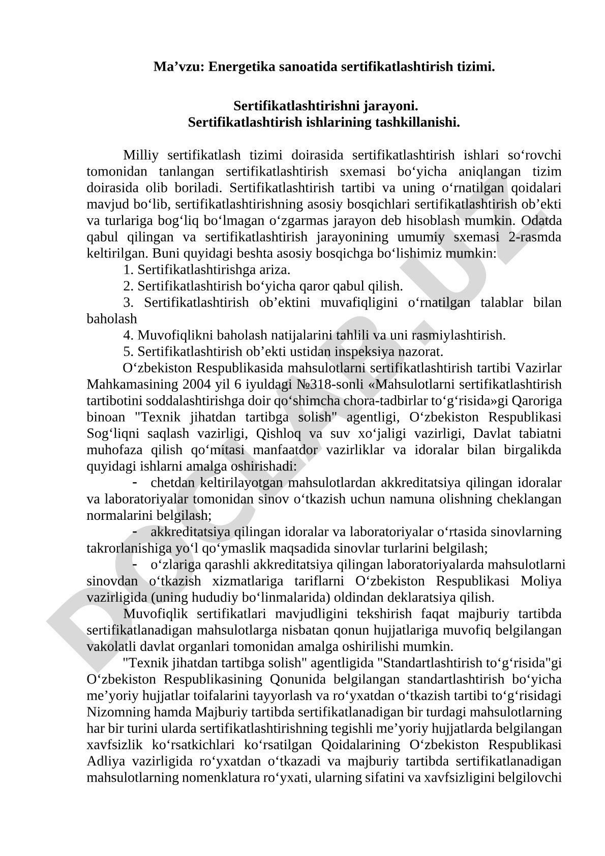 Energetika sanoatida sertifikatlashtirish tizimi