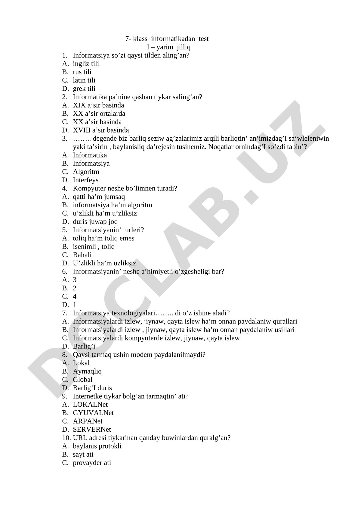 7- klass informatikadan test I – yarim jilliq
