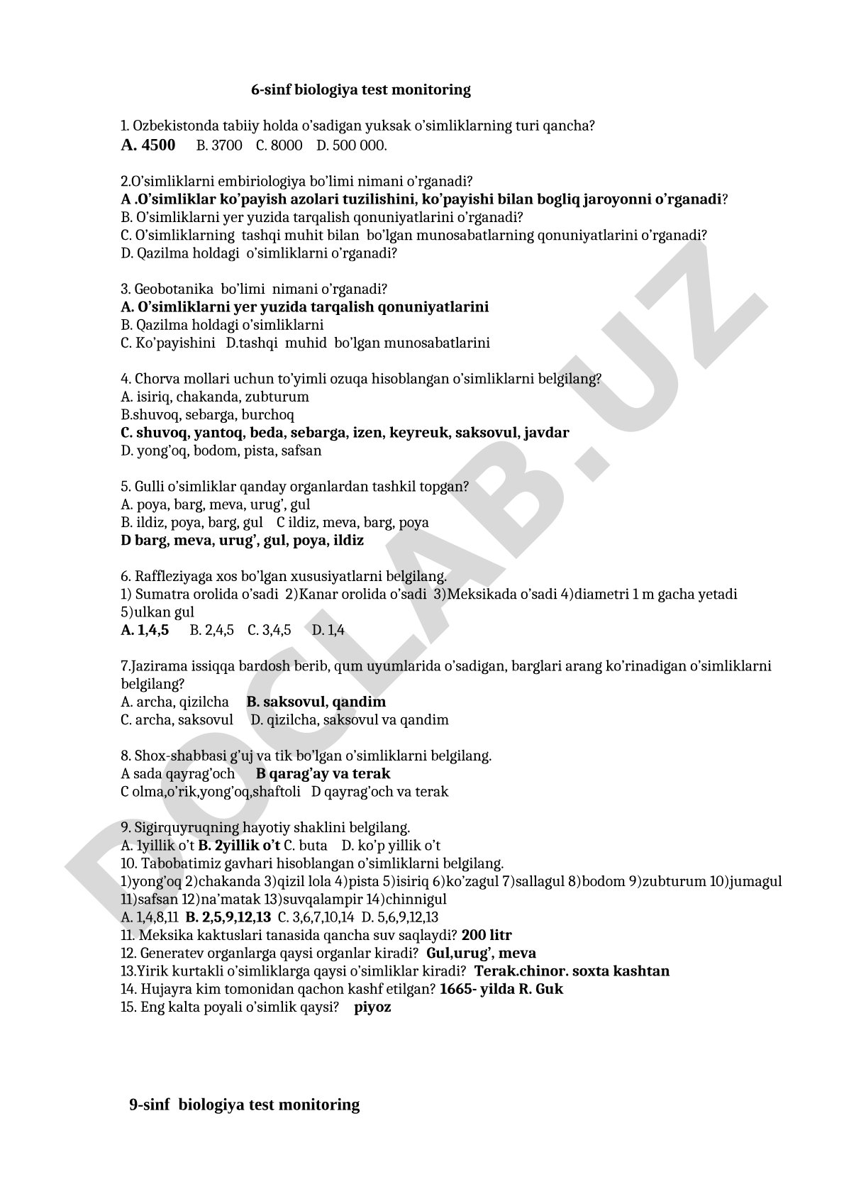 6-sinf biologiya testi: botanika bo'yicha savollar