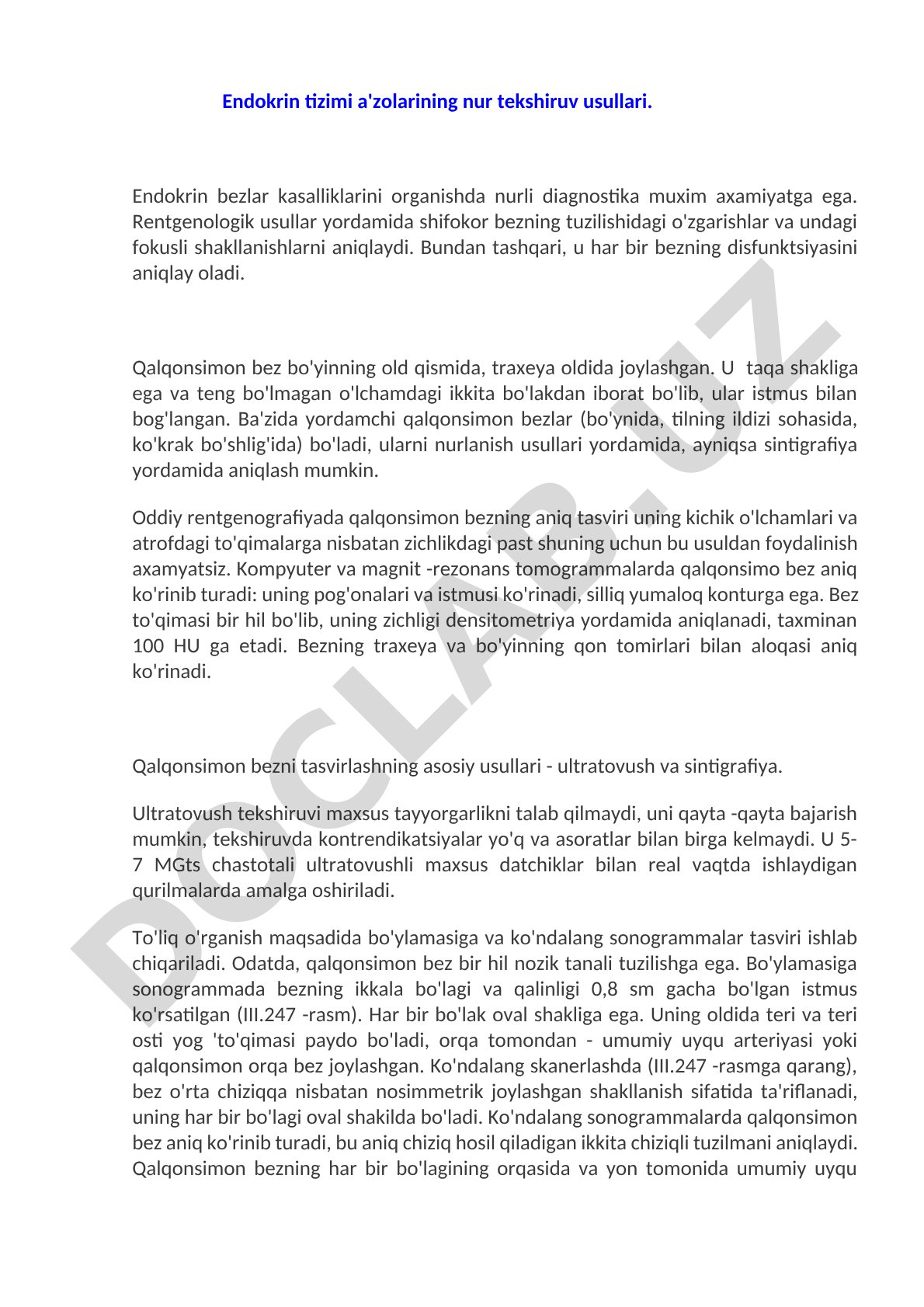 Endokrin tizimi a'zolarining nur tekshiruv usullari