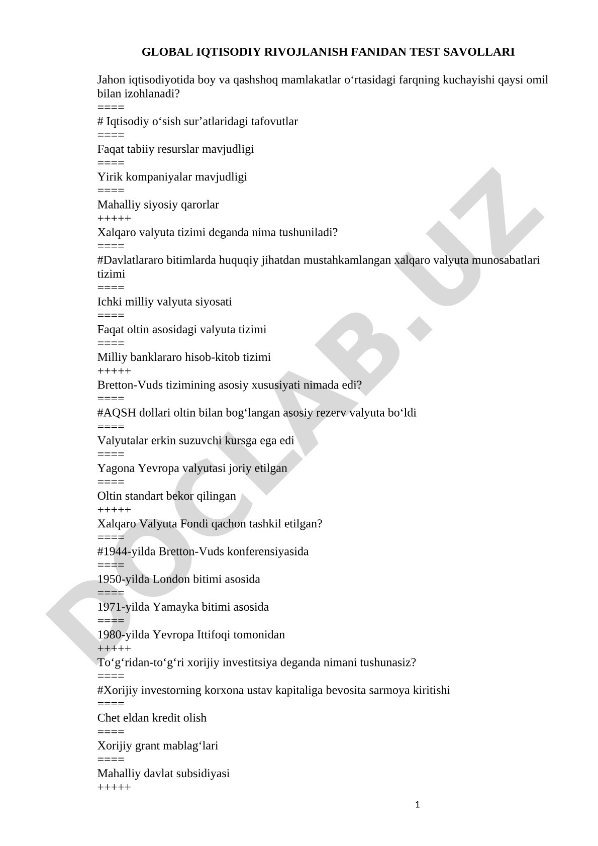 Global iqtisodiy rivojlanish fanidan test savollari