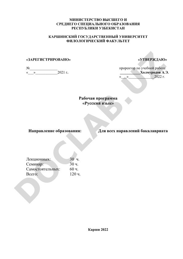 Рабочая программа по русскому языку для бакалавриата