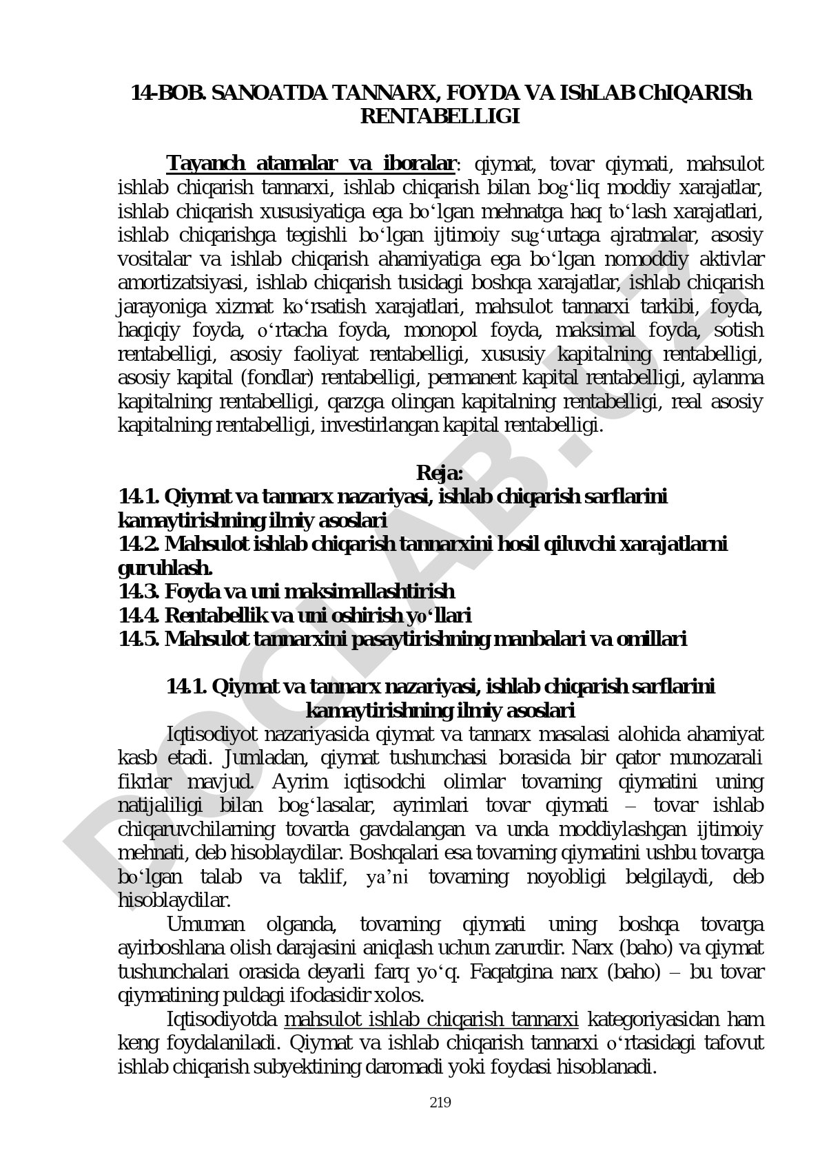 Sanoatda tannarx, foyda va ishlab chiqarish rentabelligi