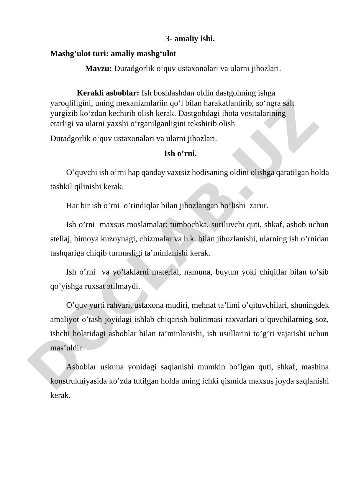 Duradgorlik o‘quv ustaxonalari va ularni jihozlari