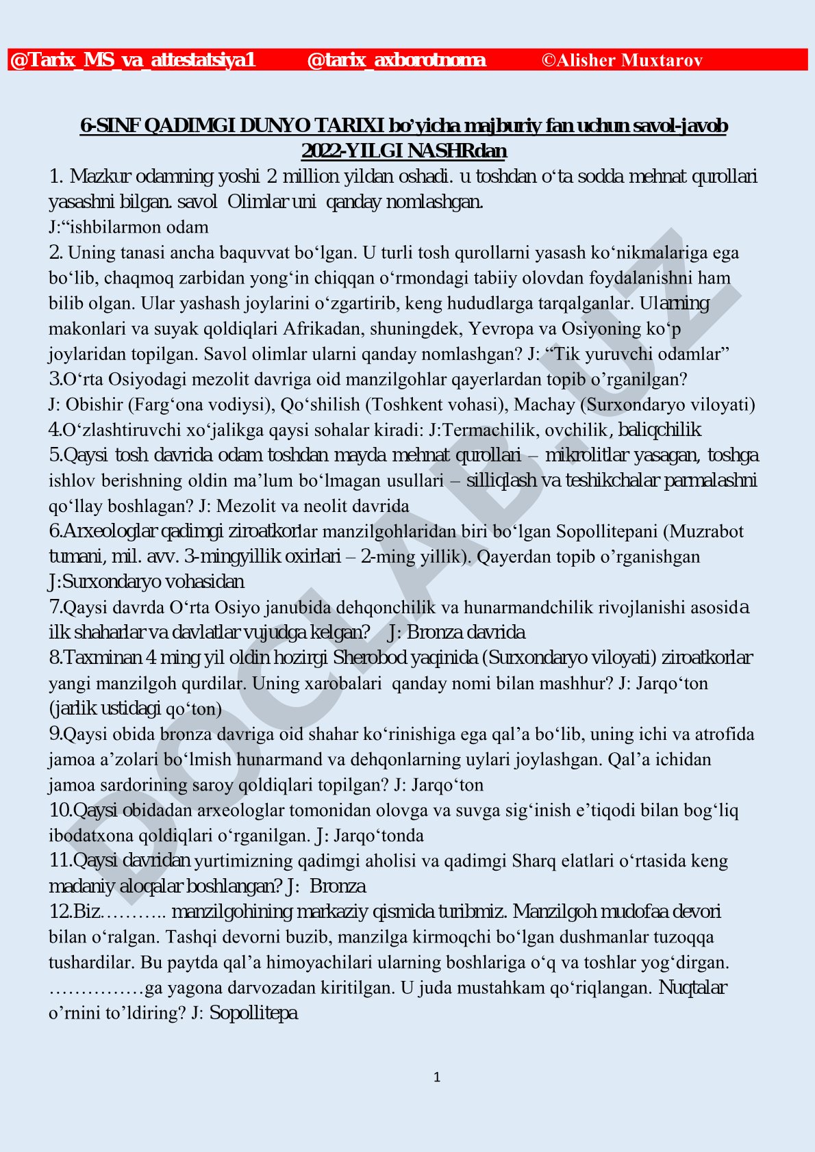 6-sinf Qadimgi dunyo tarixidan savol-javoblar