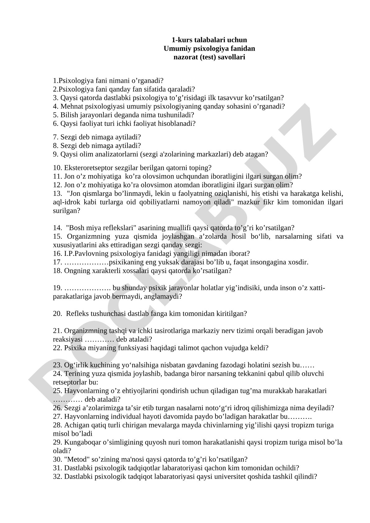 Umumiy psixologiya fanidan nazorat test savollari