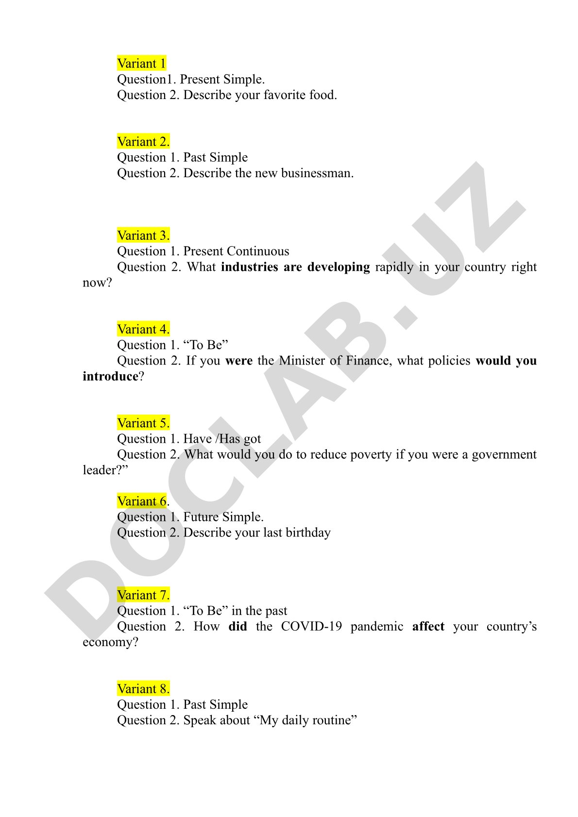 English Grammar and Speaking Exam Variants