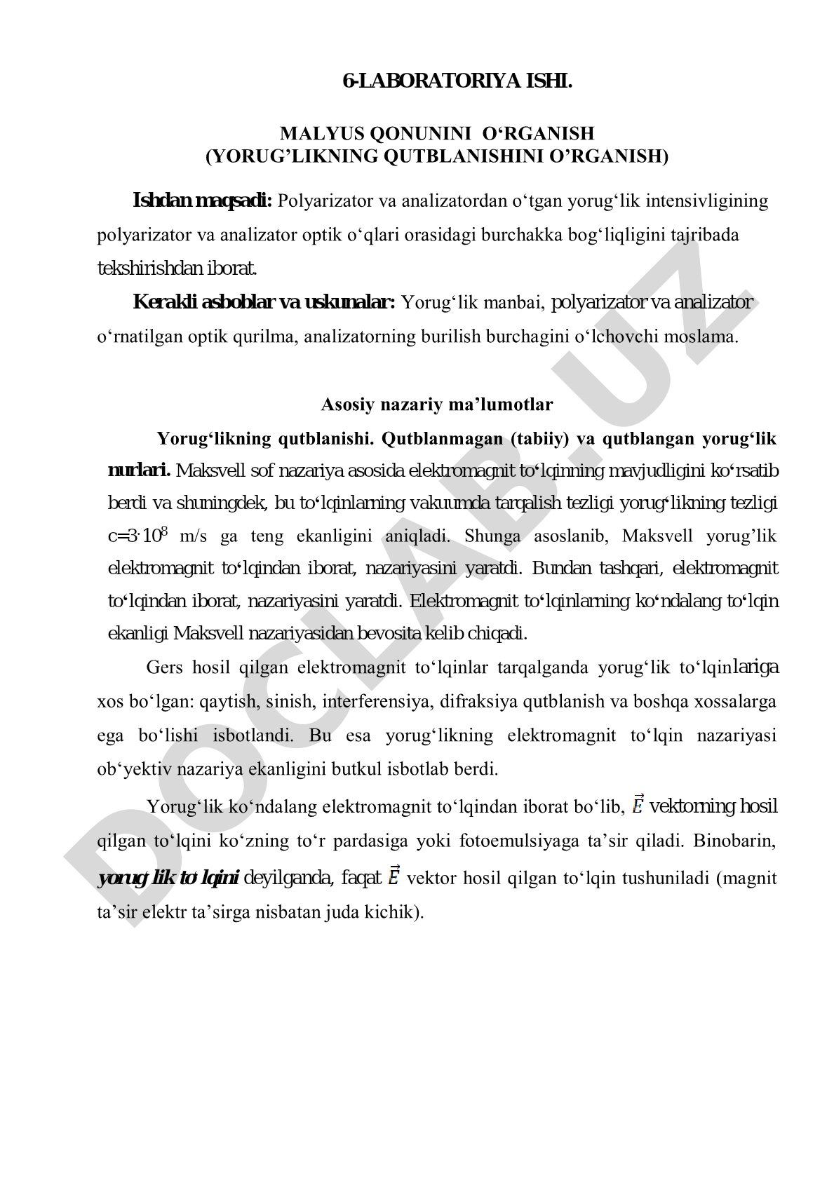 Malyus qonunini o‘rganish (yorug‘likning qutblanishini o‘rganish)