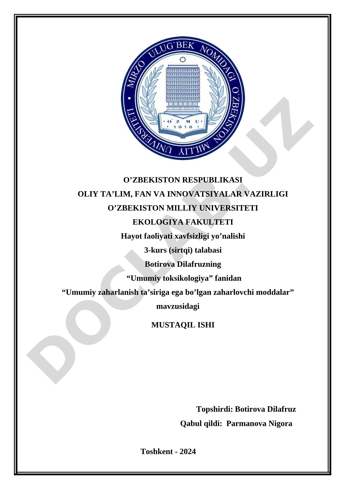 Umumiy zaharlanish ta'siriga ega bo'lgan zaharlovchi moddalar