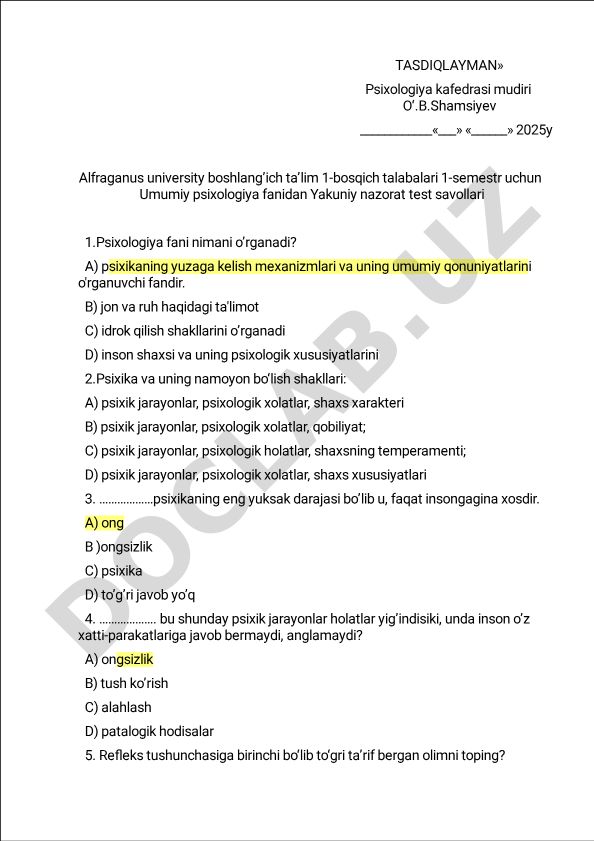 Umumiy psixologiya fanidan yakuniy nazorat test savollari