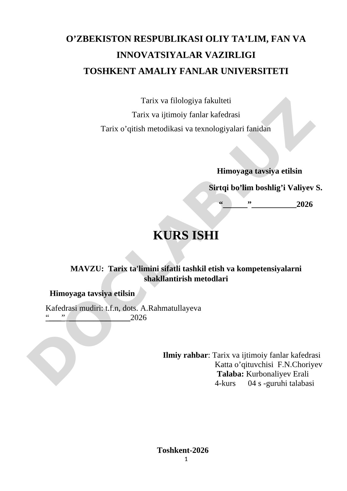 Tarix ta'limini sifatli tashkil etish va kompetensiyalarni shakllantirish metodlari