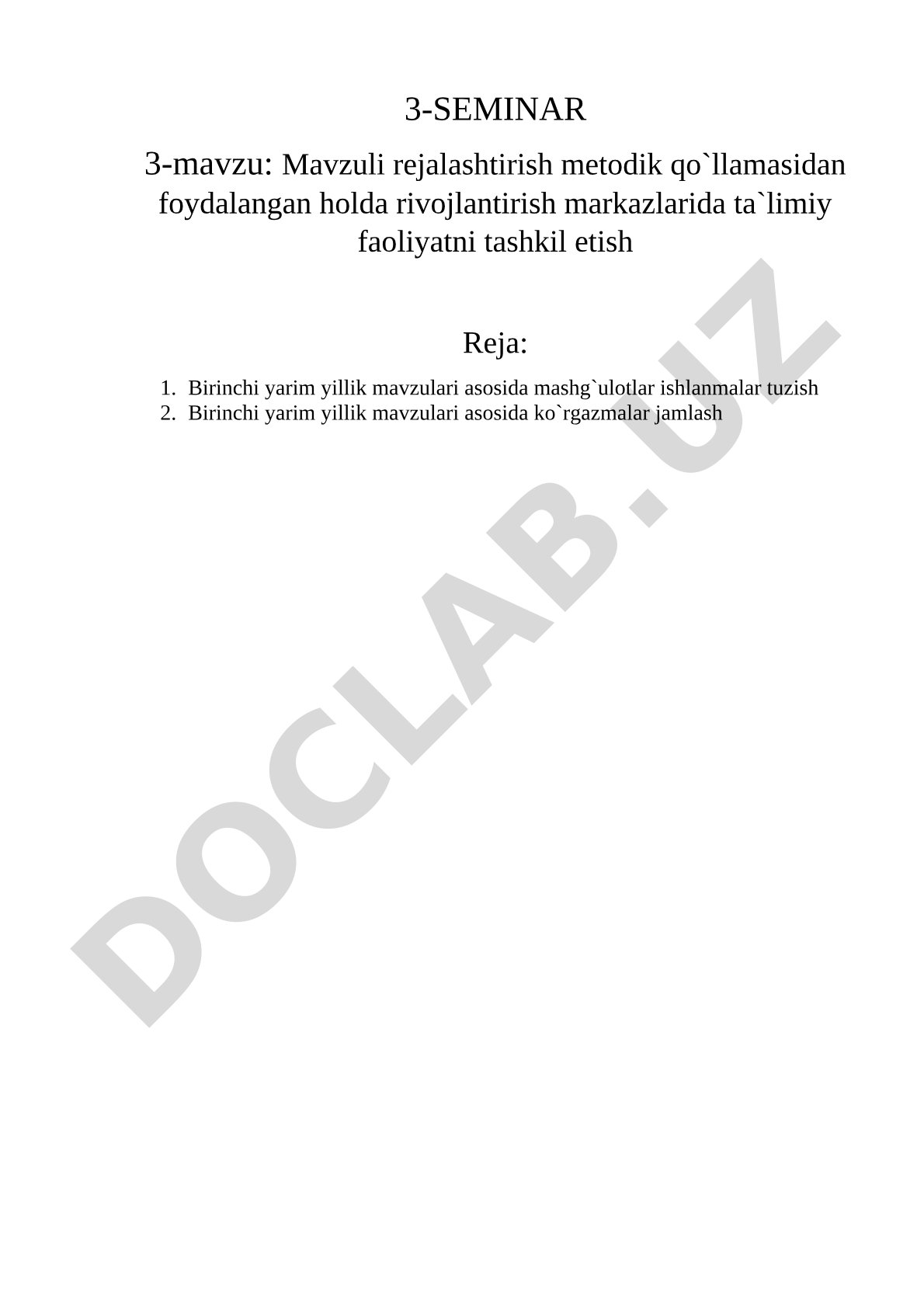 Mavzuli rejalashtirish metodik qo`llamasidan foydalangan holda rivojlantirish markazlarida ta`limiy faoliyatni tashkil etish