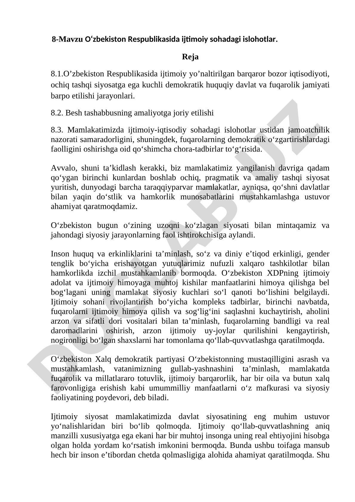 O‘zbekiston Respublikasida ijtimoiy sohadagi islohotlar