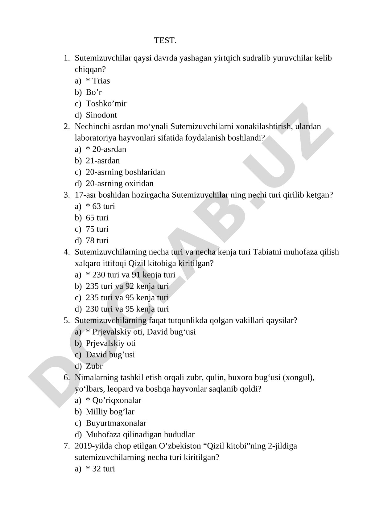 Sutemizuvchilar bo'yicha test savollari
