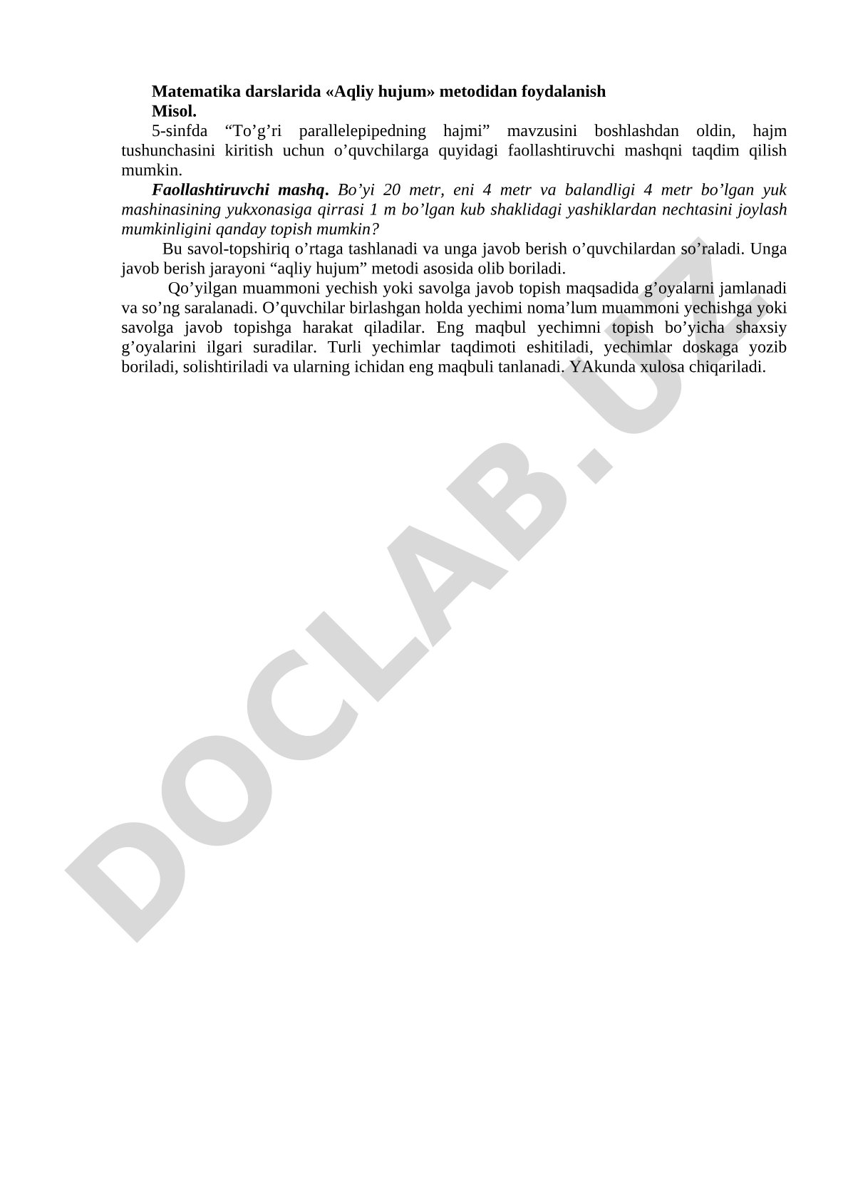 Matematika darslarida «Aqliy hujum» metodidan foydalanish