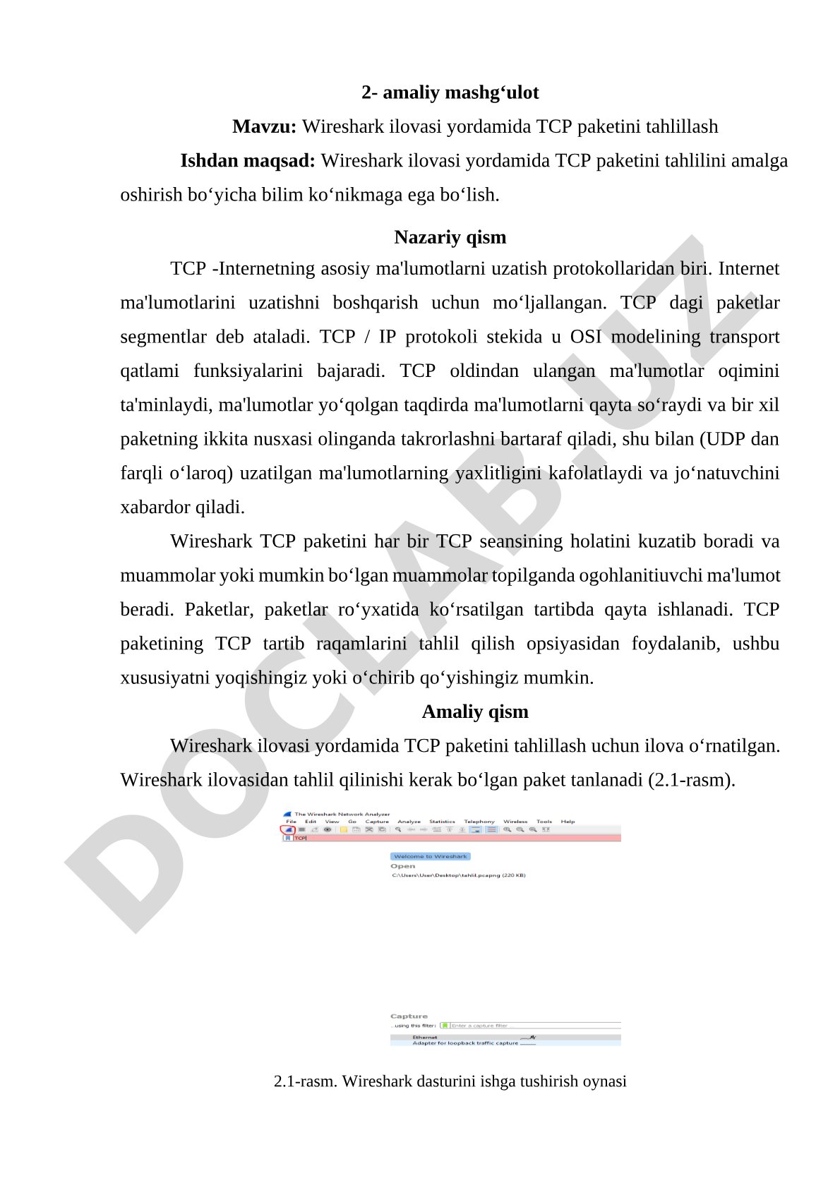 Wireshark ilovasi yordamida TCP paketini tahlillash