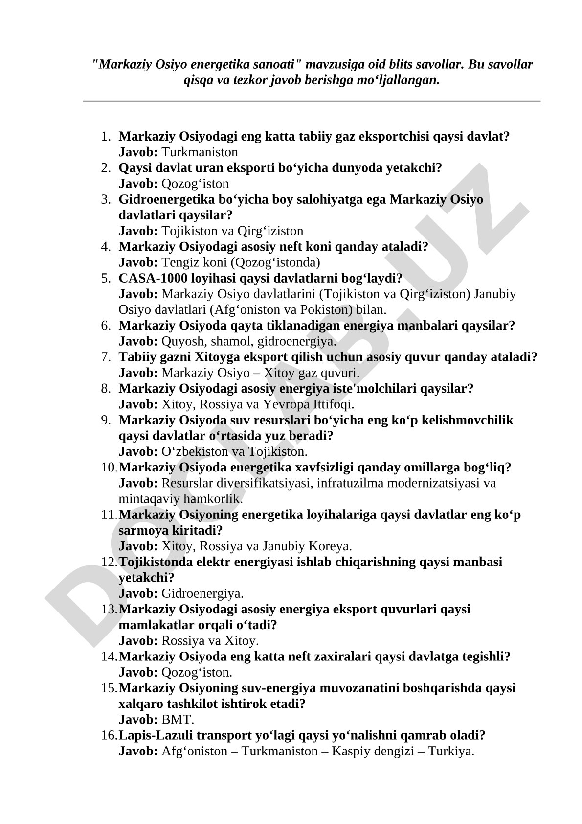 Markaziy Osiyo energetika sanoati