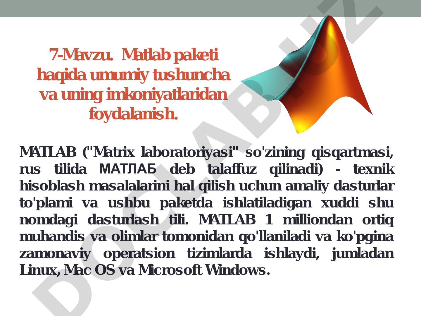 Matlab paketi haqida umumiy tushuncha va uning imkoniyatlaridan foydalanish