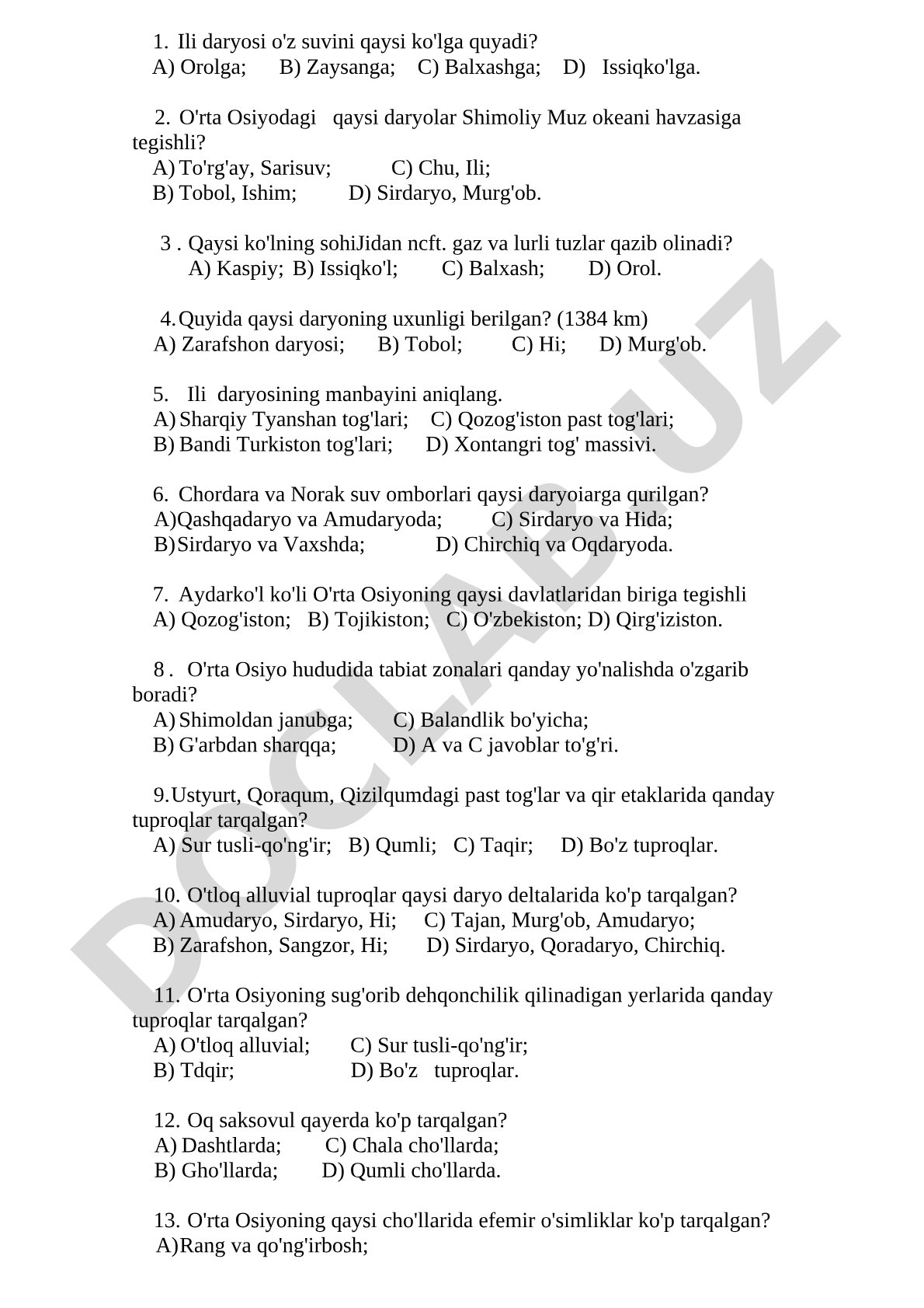 O'rta Osiyo tabiiy geografiyasi bo'yicha test savollari