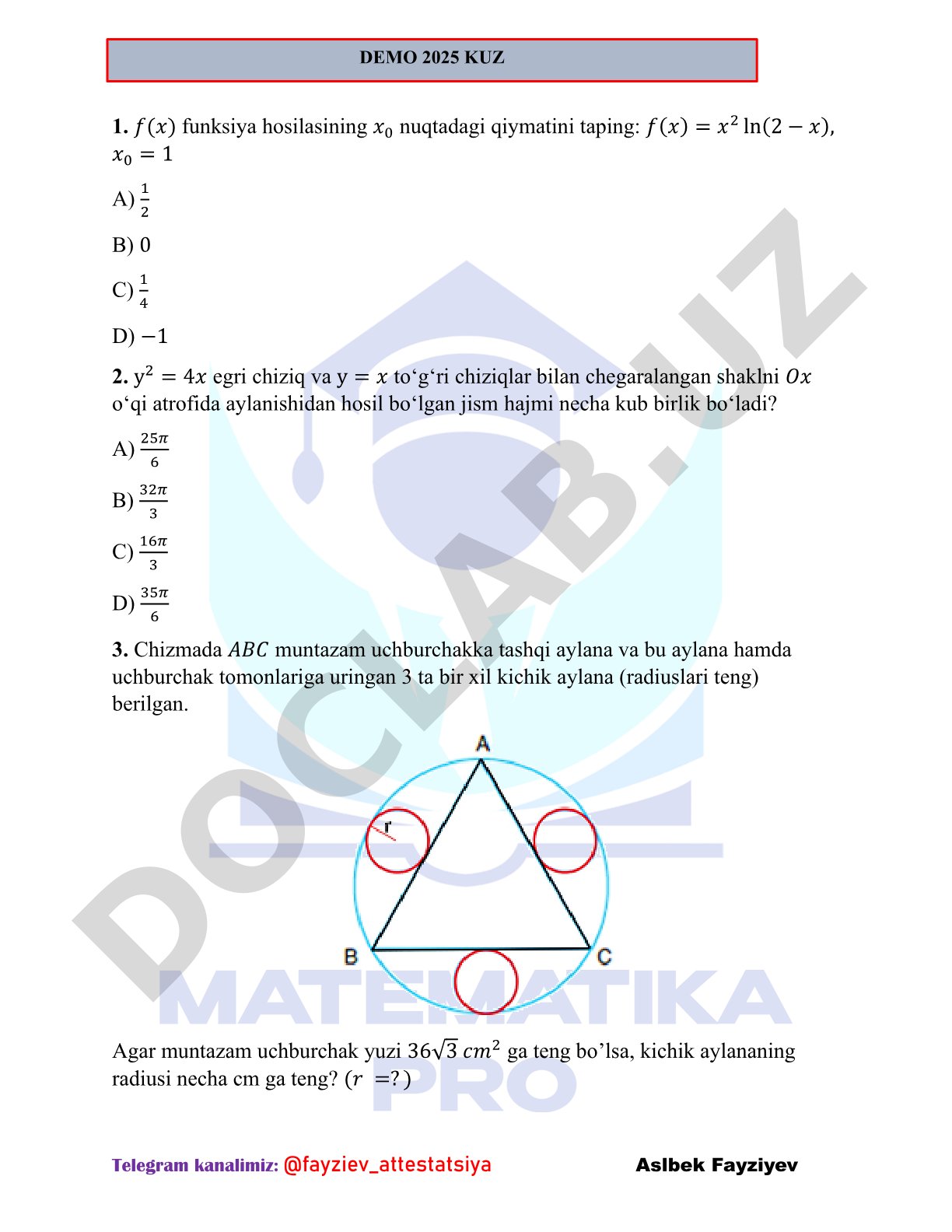 Matematika fanidan attestatsiya test savollari