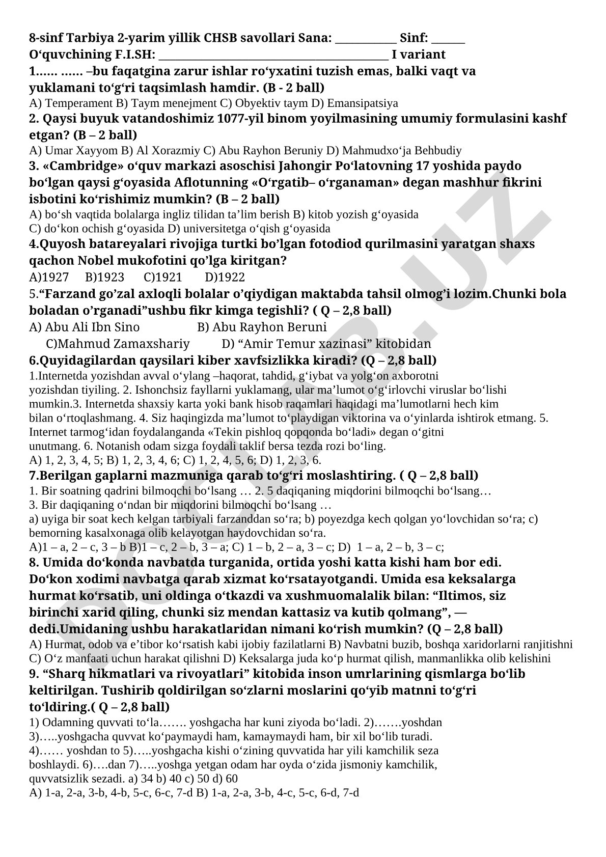 8-sinf Tarbiya 2-yarim yillik CHSB savollari