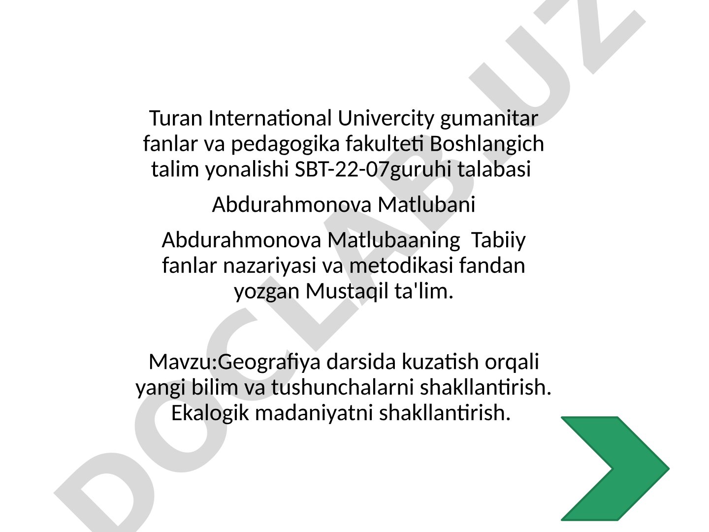 Geografiya darsida kuzatish orqali yangi bilim va tushunchalarni shakllantirish. Ekalogik madaniyatni shakllantirish. 2.1.Alifbening yozuv ko‘nikmalarini o‘rgatish davrida bog‘lanishli nutq ustida ishlash usullari.