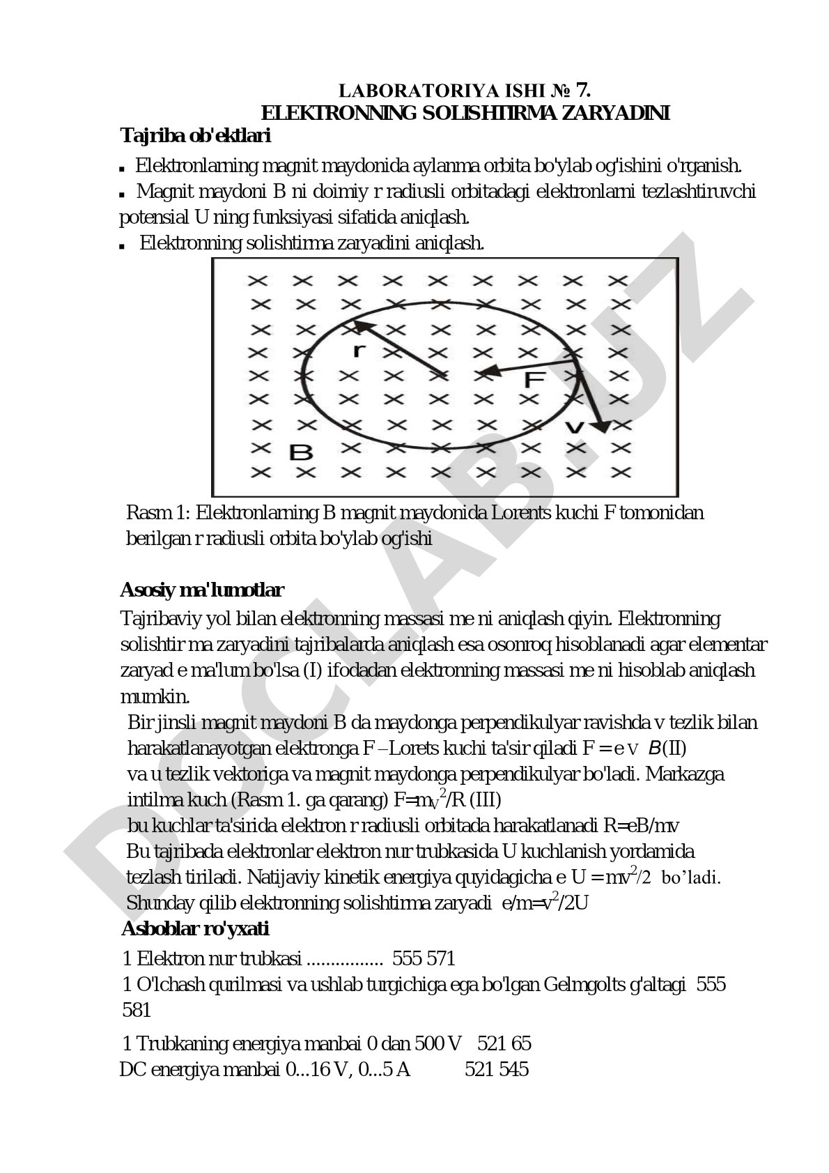 Elektronning solishtirma zaryadini aniqlash