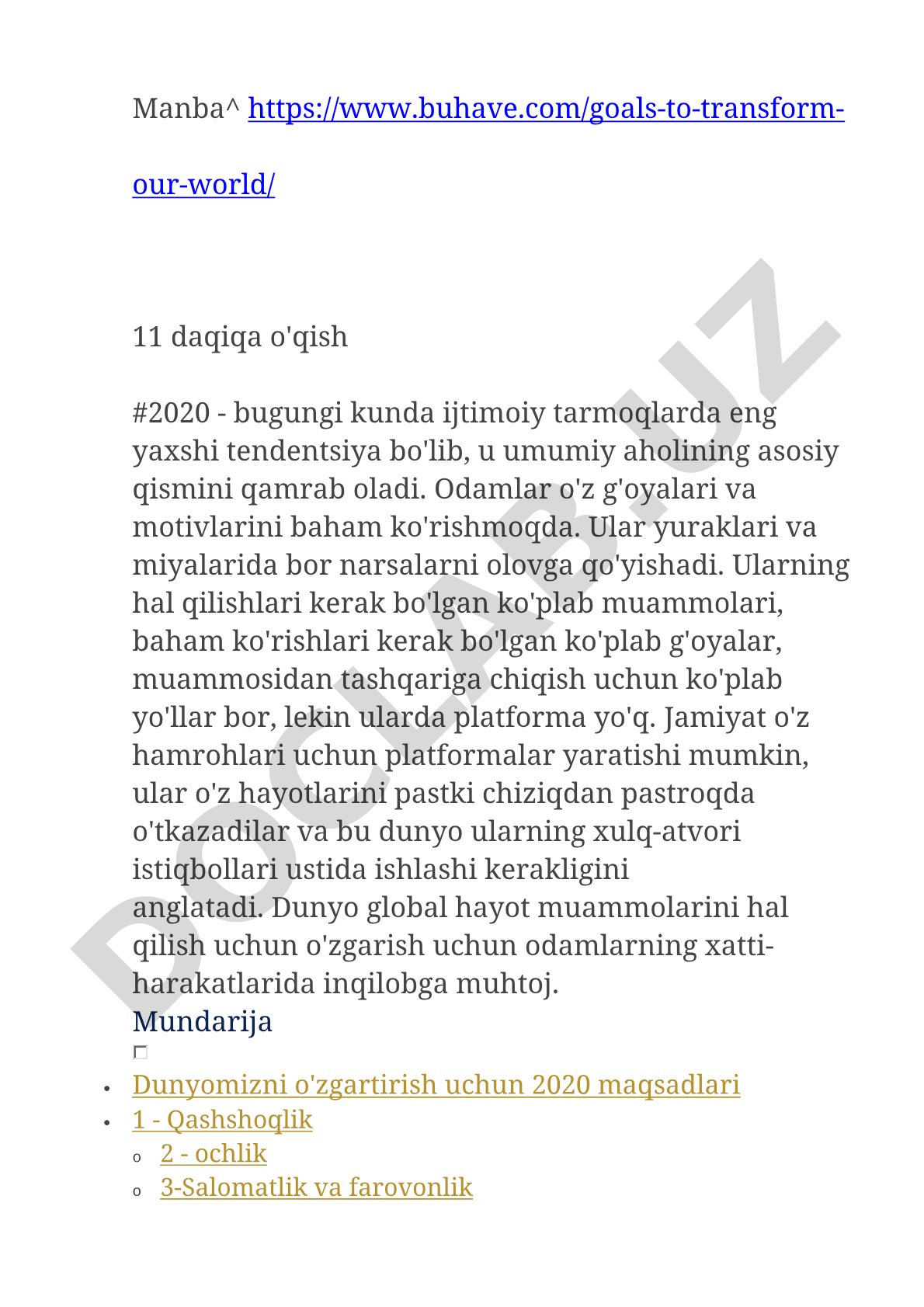 Dunyomizni o'zgartirish uchun 2020 maqsadlari