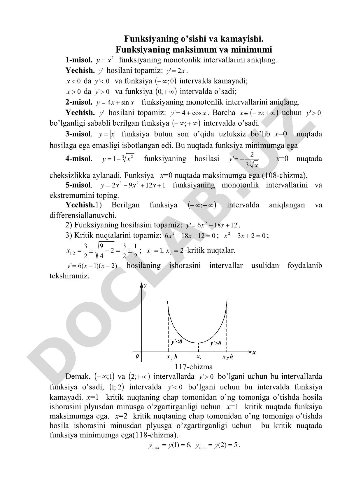Funksiyaning o'sishi va kamayishi, maksimum va minimumi