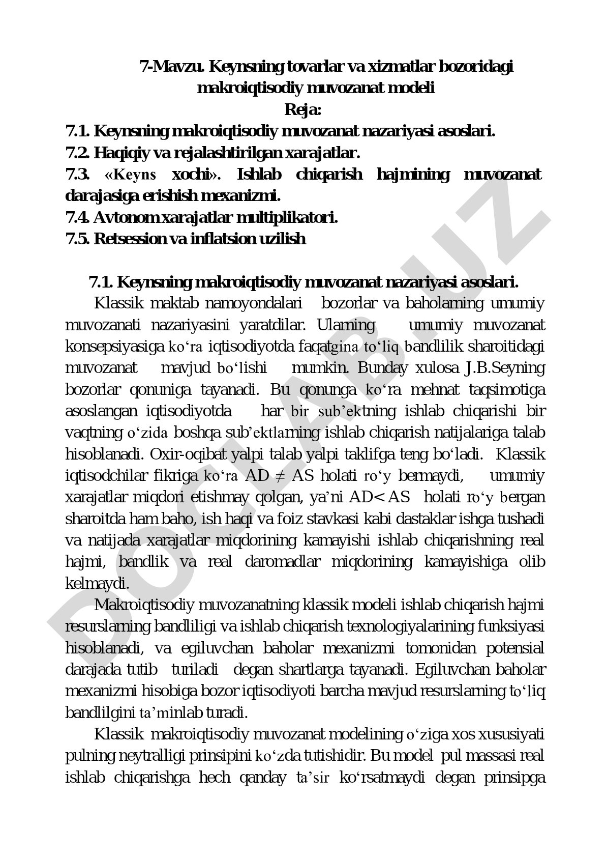 Keynsning tovarlar va xizmatlar bozoridagi makroiqtisodiy muvozanat modeli