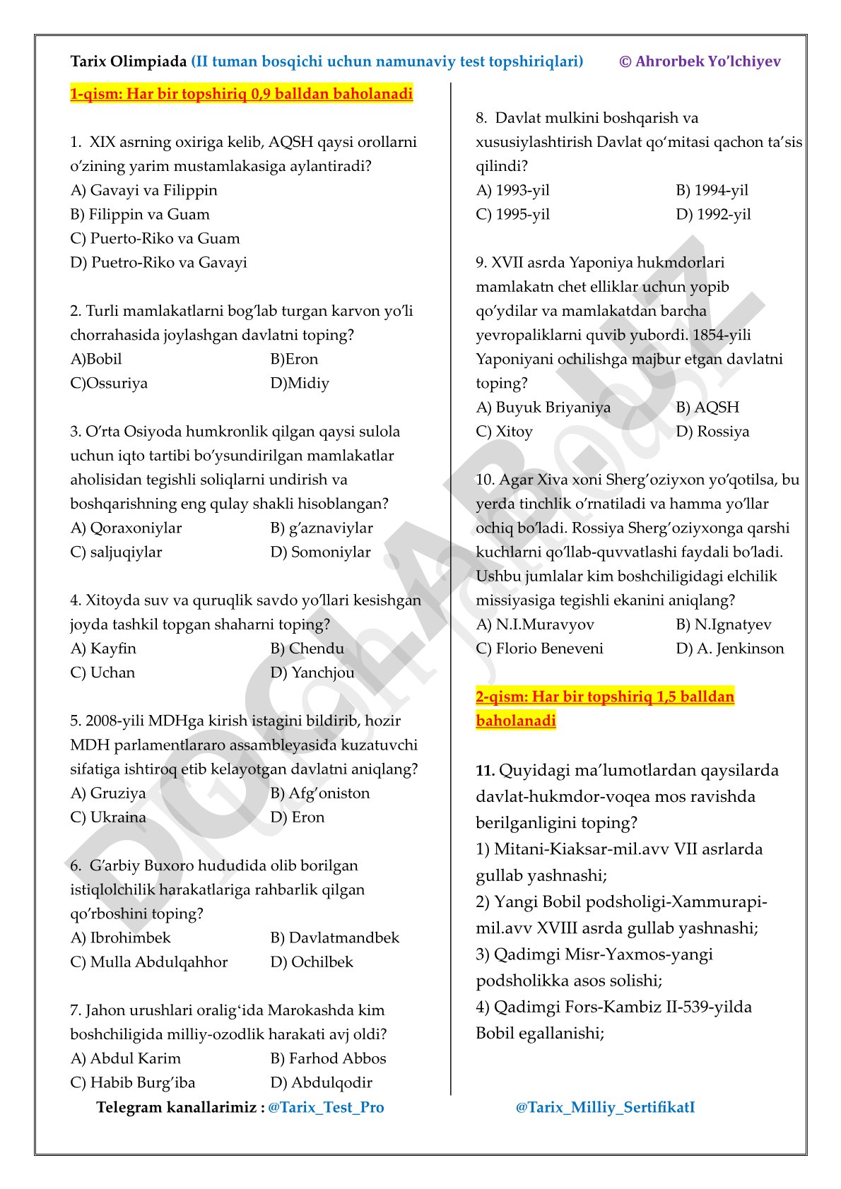 Tarix Olimpiada II tuman bosqichi namunaviy test topshiriqlari