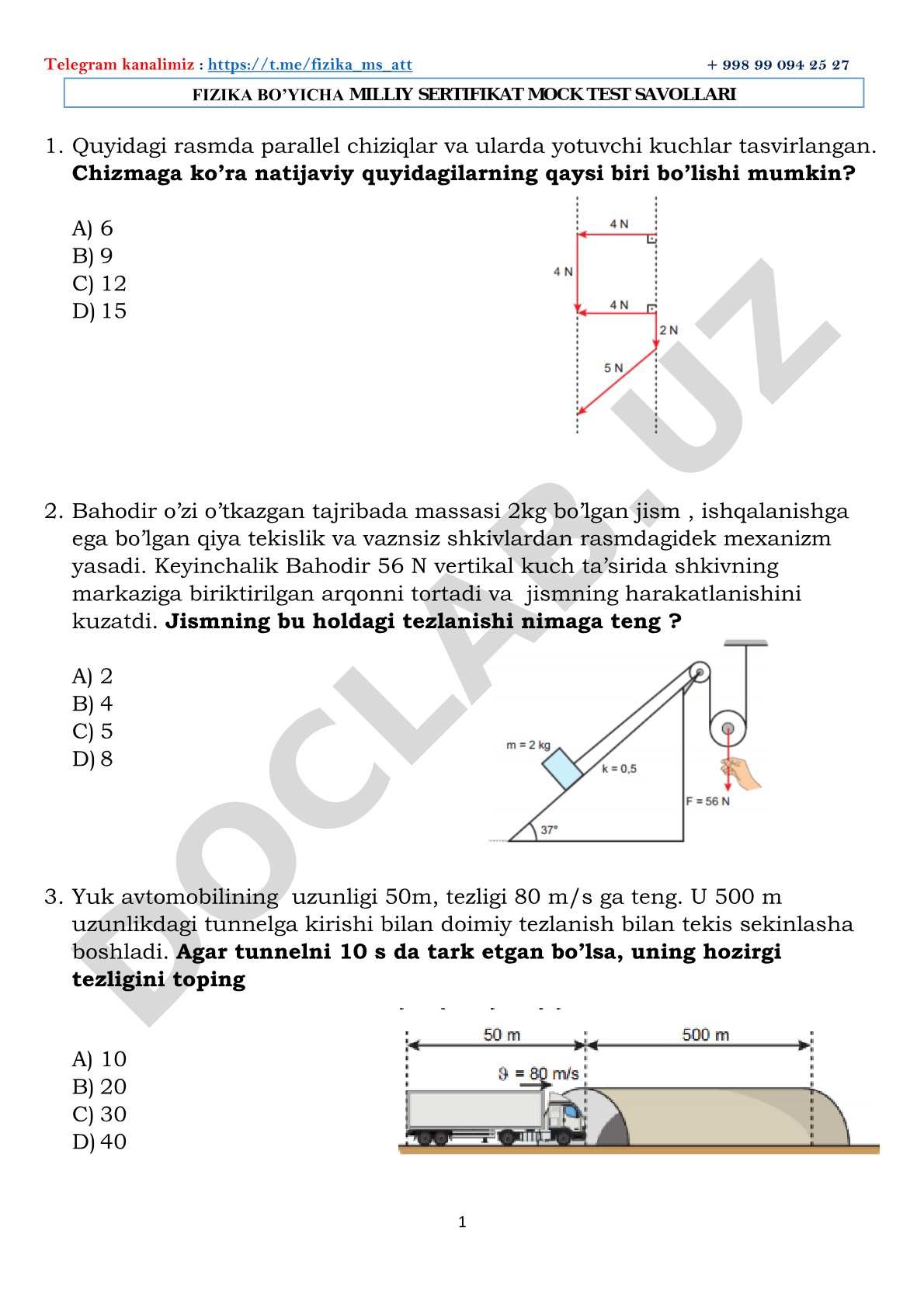 Fizika bo'yicha milliy sertifikat mock test savollari
